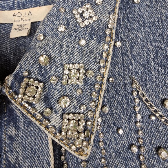 Alice + Olivia Embellished Denim Jean Jacket Crystals & Chains RARE Size M - Picture 14 of 15